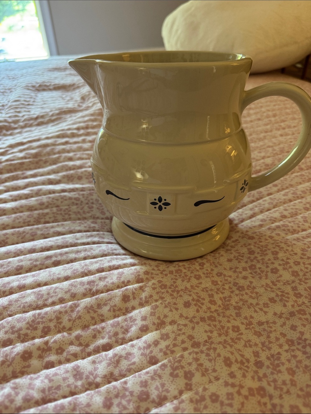 Cream Ceramic Pitcher with Navy Floral Accent